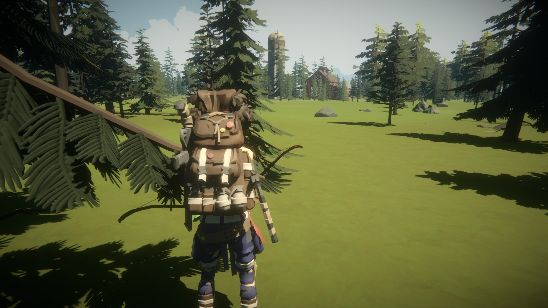 A survivor approaching a red barn and silo in a green forest clearing.