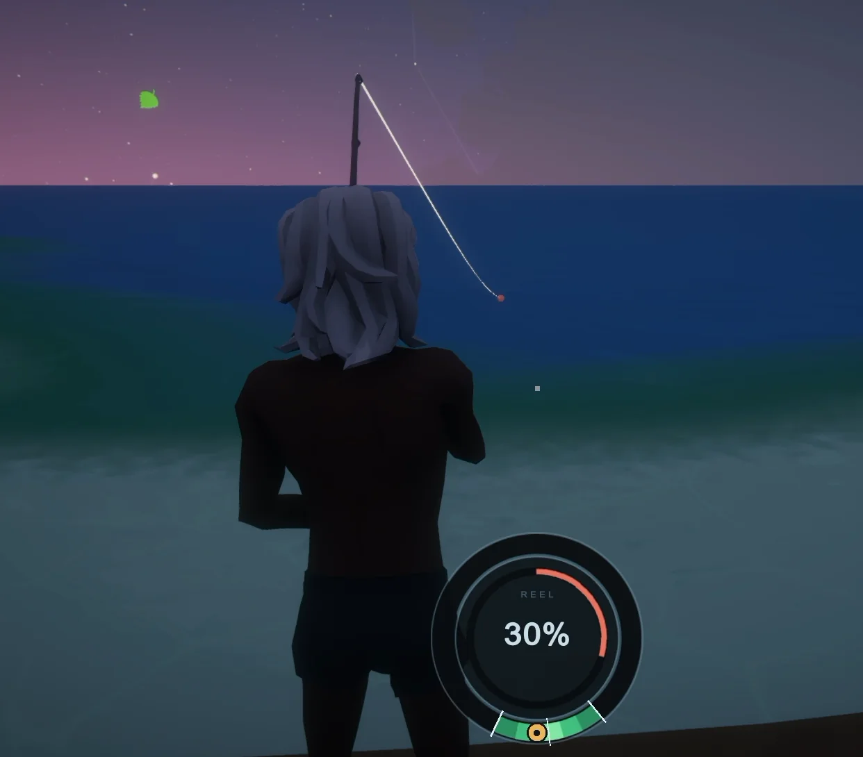 Fishing beside the water at dusk, with the fishing fight on screen.