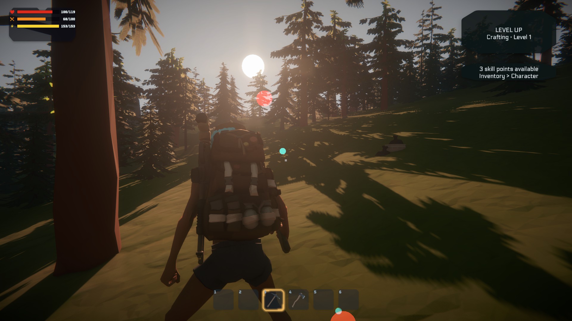 A backpack-wearing survivor explores a pine forest in warm evening light.
