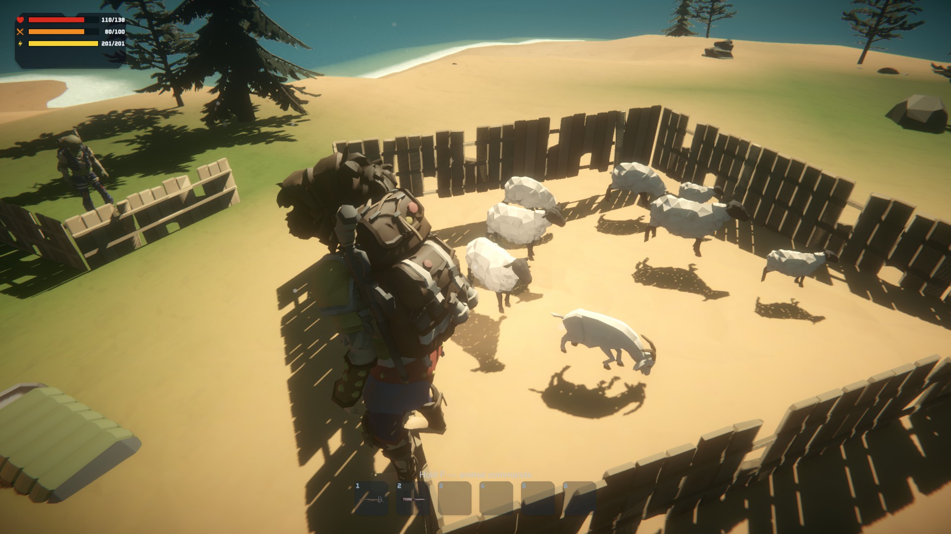 A player watching sheep and a goat appear to float inside a wooden pen.