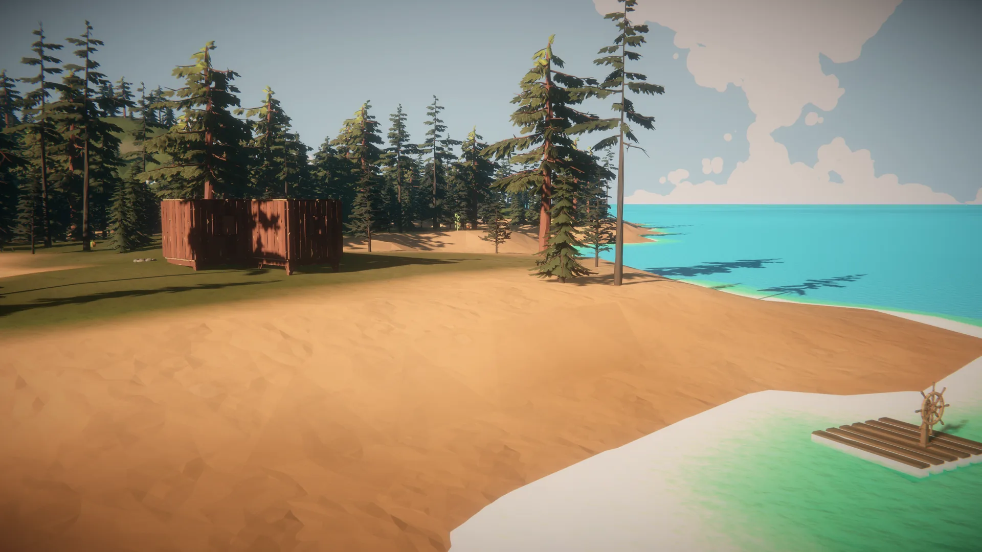 A wooden home in the pines above a beach, with a raft waiting at the water.