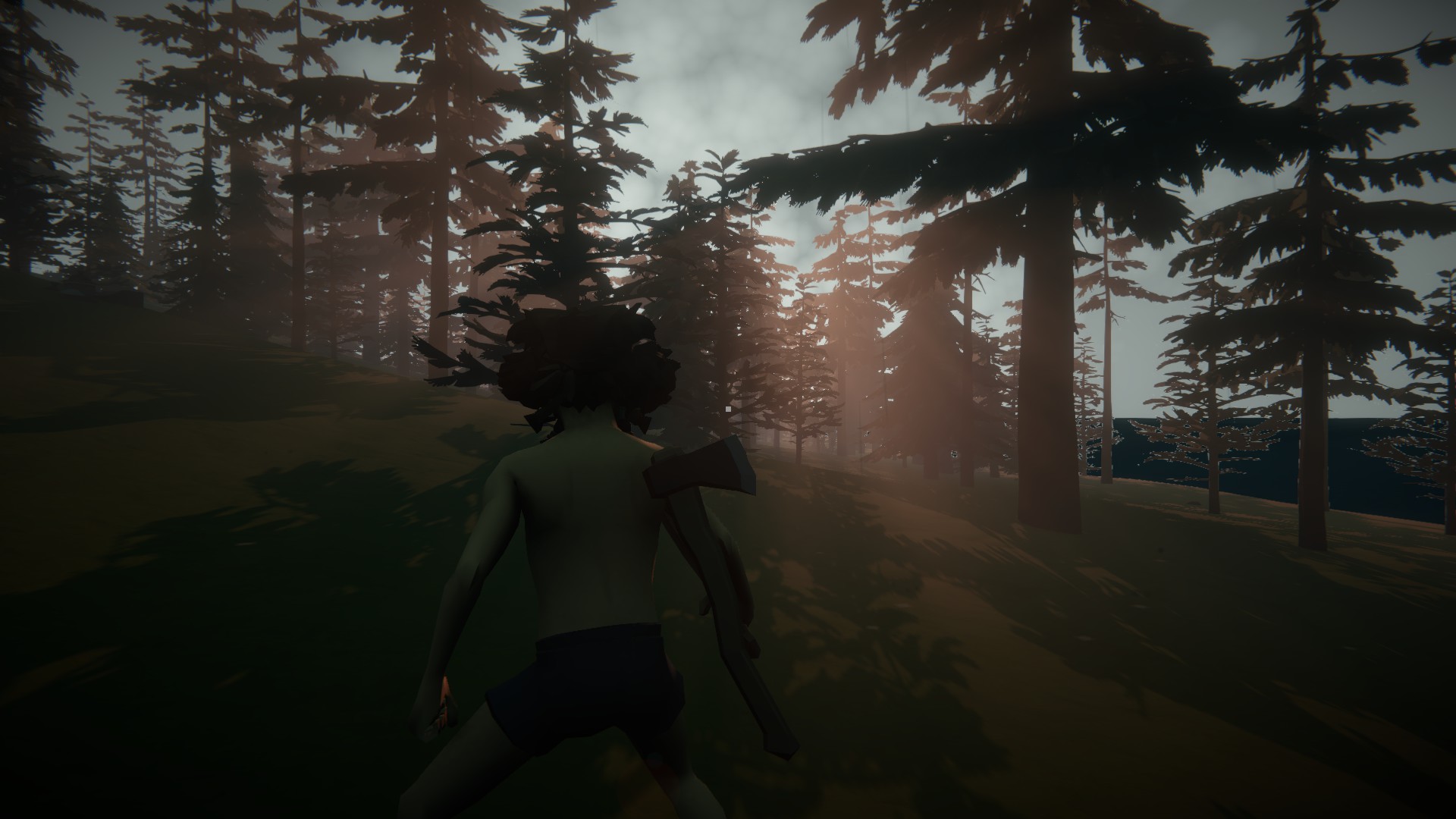 A survivor carrying an axe through a pine forest, with warm sunlight streaming through the mist.