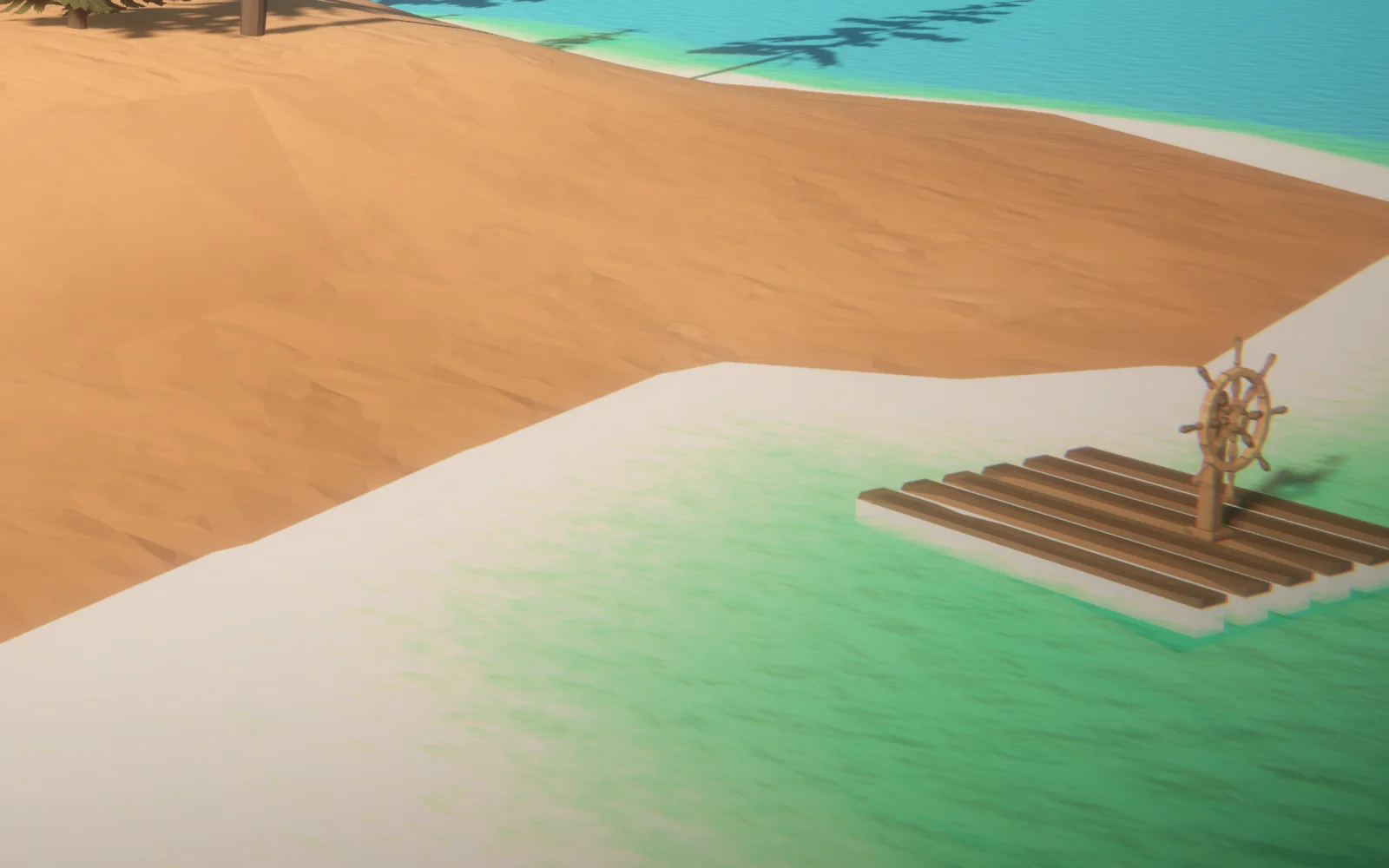 A raft with a ship's wheel pulled up on a white beach, close.